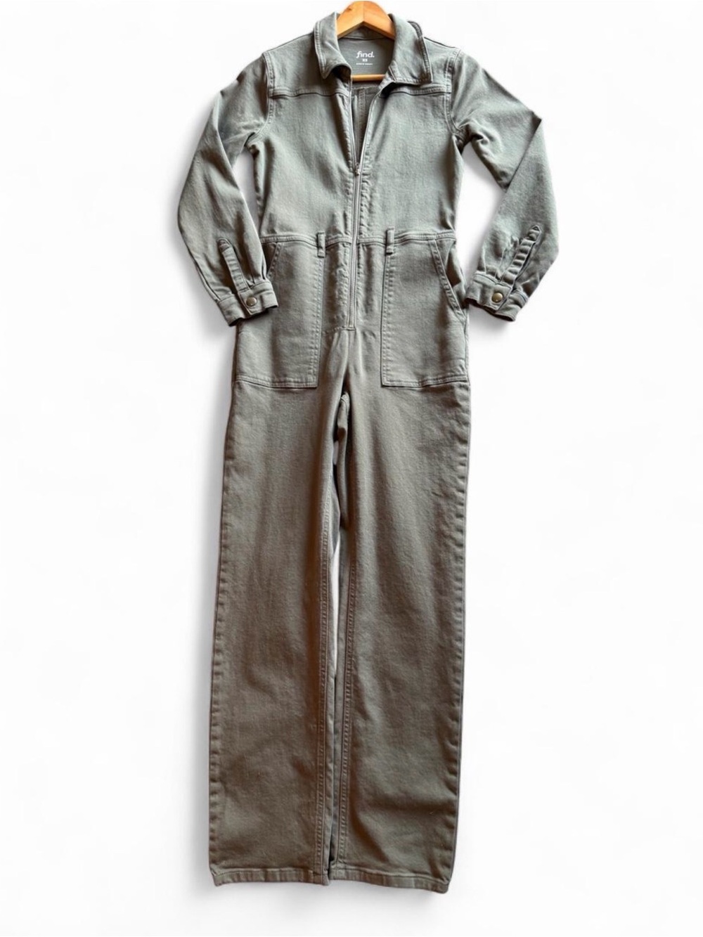 FIND khaki green denim Zip-Front Jumpsuit